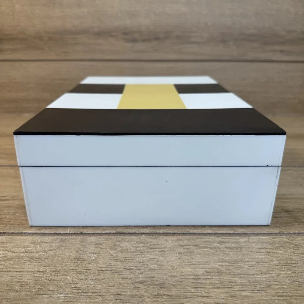 Handmade Wood Storage Stash Trinket Box Black Yellow White Geometric Hinged